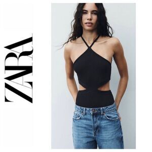 NWT Zara Black Ribbed Cutout Halter Neck Bodysuit, Size Small